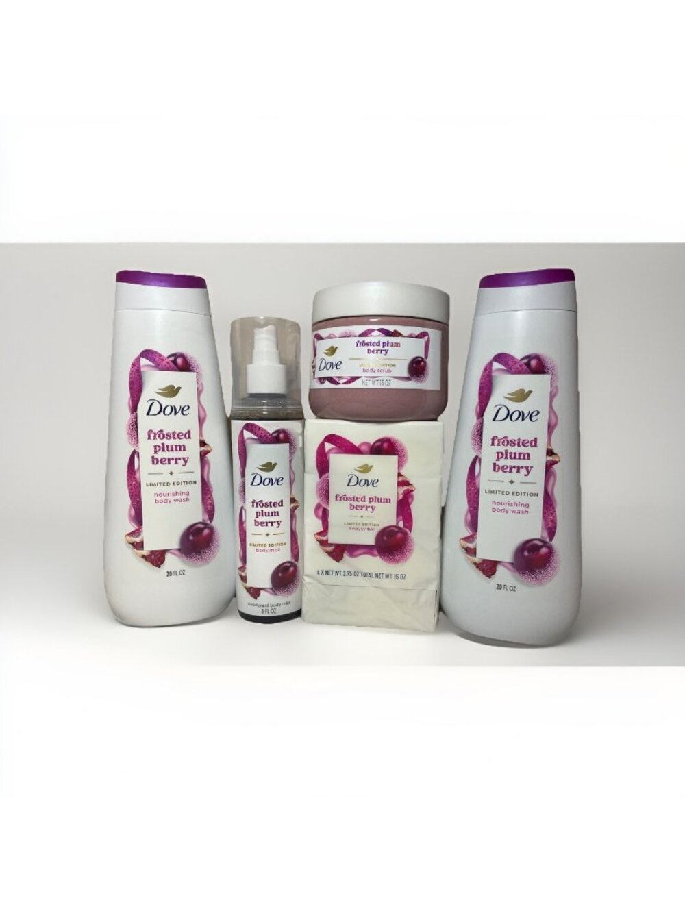 Dove Frosted Plum Berry Limited Edition Bath Set Body Wash, Scrub, Bars, spray